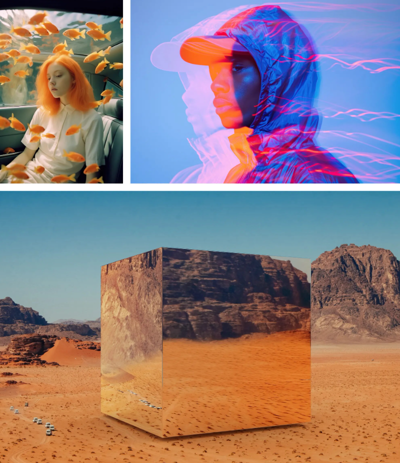 Коллаж из изображений Adobe Stock: слева вверху — девушка в окружении золотых рыбок (Addictive Stock), справа — человек с яркими красными линиями поверх изображения (Addictive Stock), внизу — куб, отражающий скалистый пейзаж (Marcos Osorio/Stocksy)