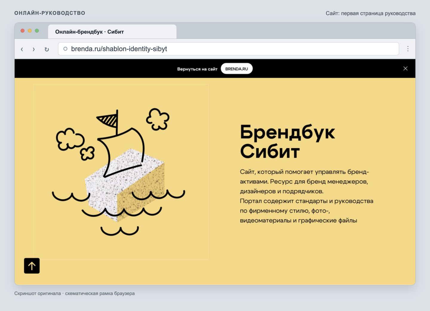 «Сибит»: первая страница онлайн-брендбука с иллюстрацией корабля, показанная в окне браузера с адресом.